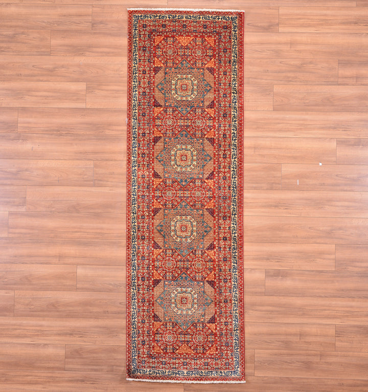 Mamluk Original Hand Woven Runner Red Vegetable Dyed Wool Carpet 0.85x271 2.30 Square Meters - 3x9 ft