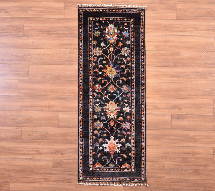 Sultani Binbirgece Runner Original Hand Woven Black Vegetable Dyed Wool Carpet 0.77x250 1.93 Square Meters - 2x8 ft