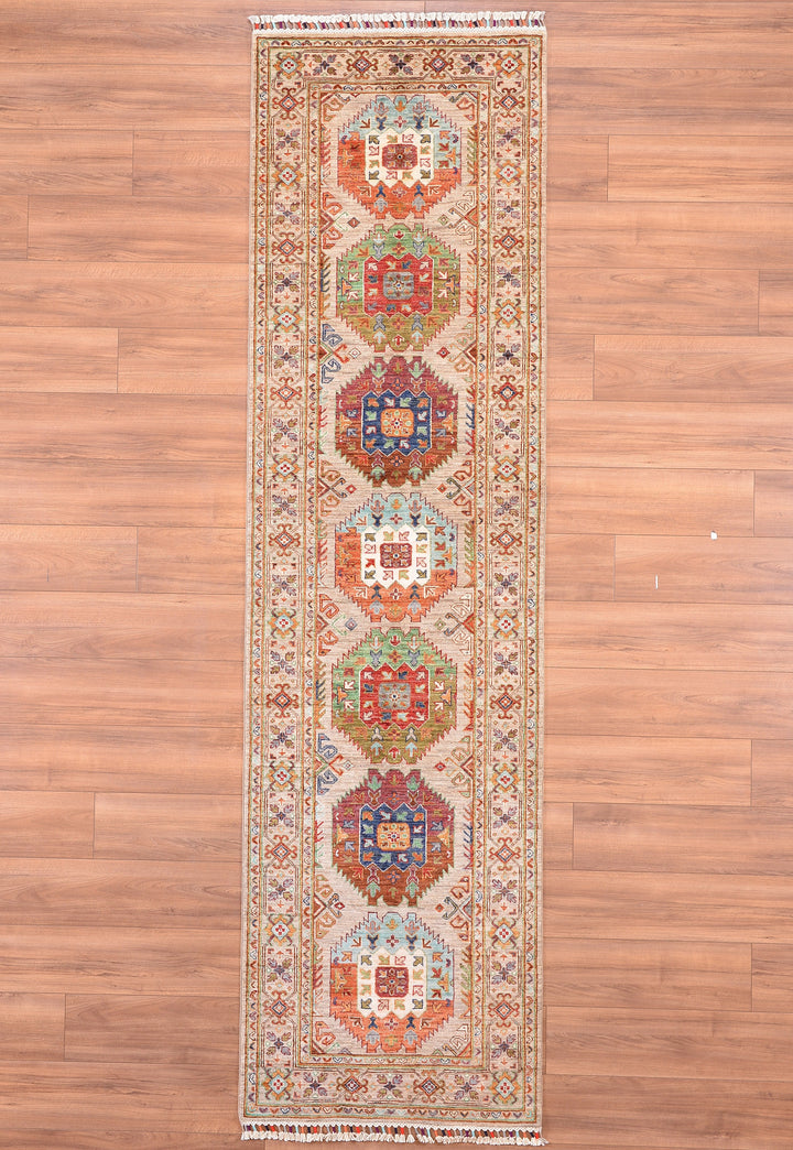 Veziri Original Hand Woven Runner Beige Vegetable Dyed Wool Carpet 0.86x315 2.71 Square Meters - 3x10 ft