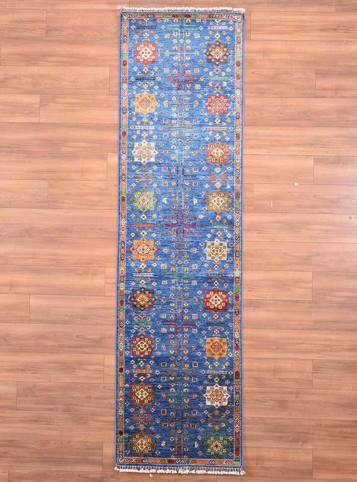 Veziri Bilcik Original Hand Woven Runner Blue Vegetable Dyed Wool Carpet 0.83x305 2.53 Square Meters - 3x10 ft