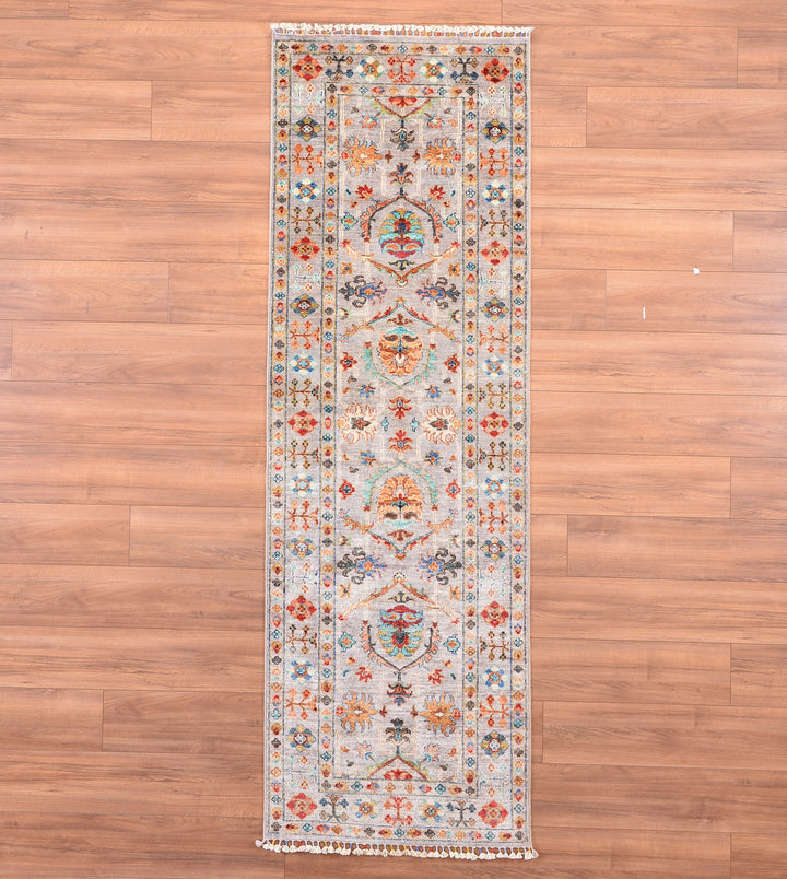 Sultani Binbirgece Runner Original Hand Woven Gray Vegetable Dyed Wool Carpet 0.82x253 2.07 Square Meters - 3x9 ft