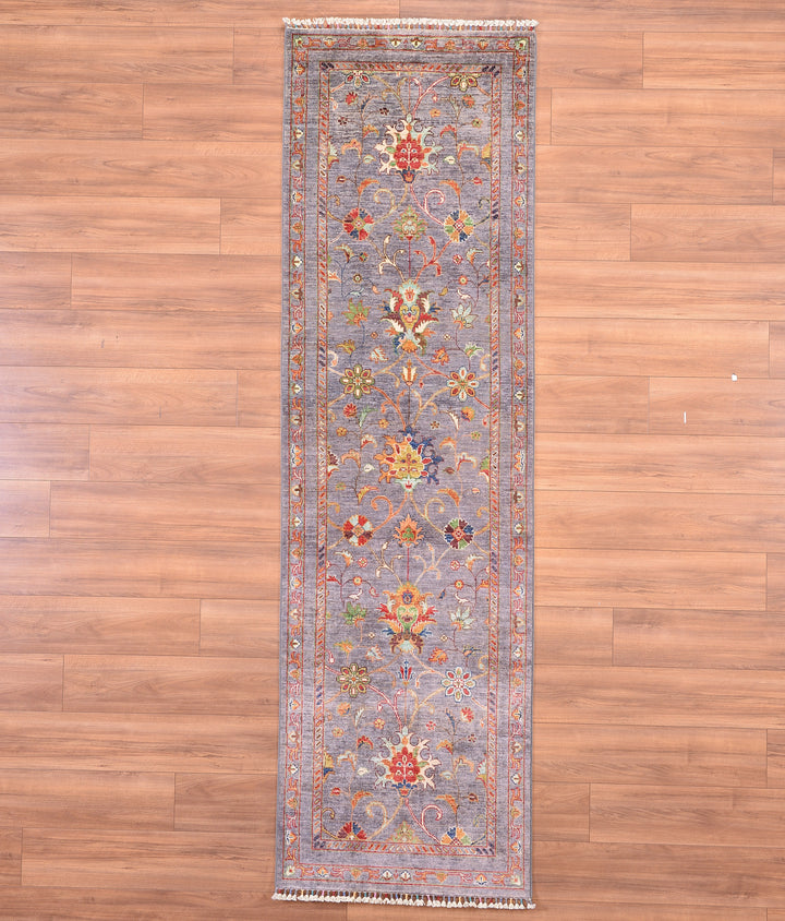 Sultani Binbirgece Runner Original Hand Woven Anthracite Vegetable Dyed Wool Carpet 0.84x288 2.42 Square Meters - 2x9 ft