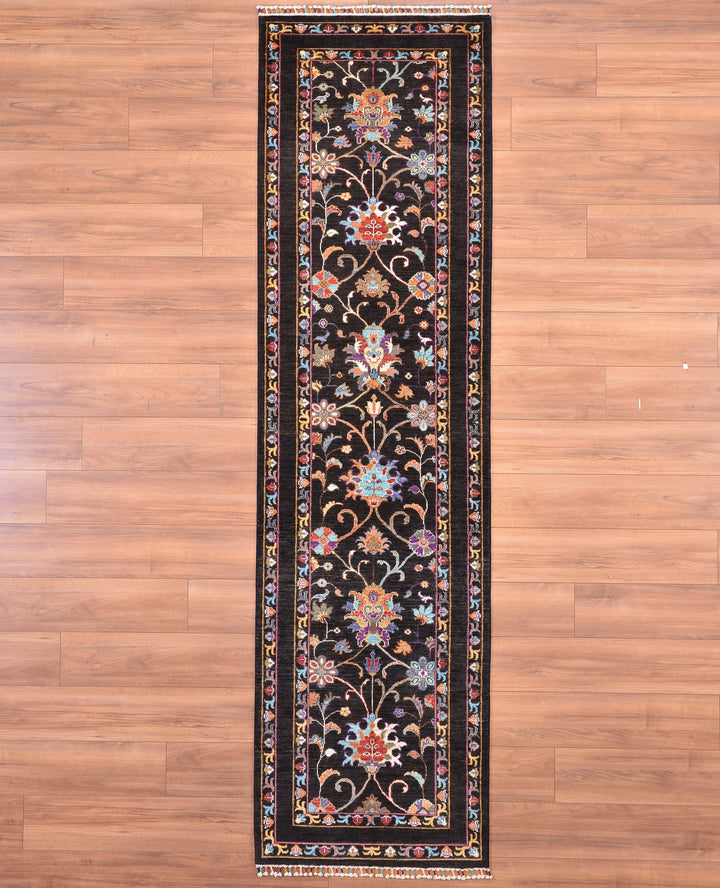 Sultani Binbirgece Long Runner Original Hand Woven Black Vegetable Dyed Wool Carpet 0.83x304 2.52 Square Meters - 2x10 ft