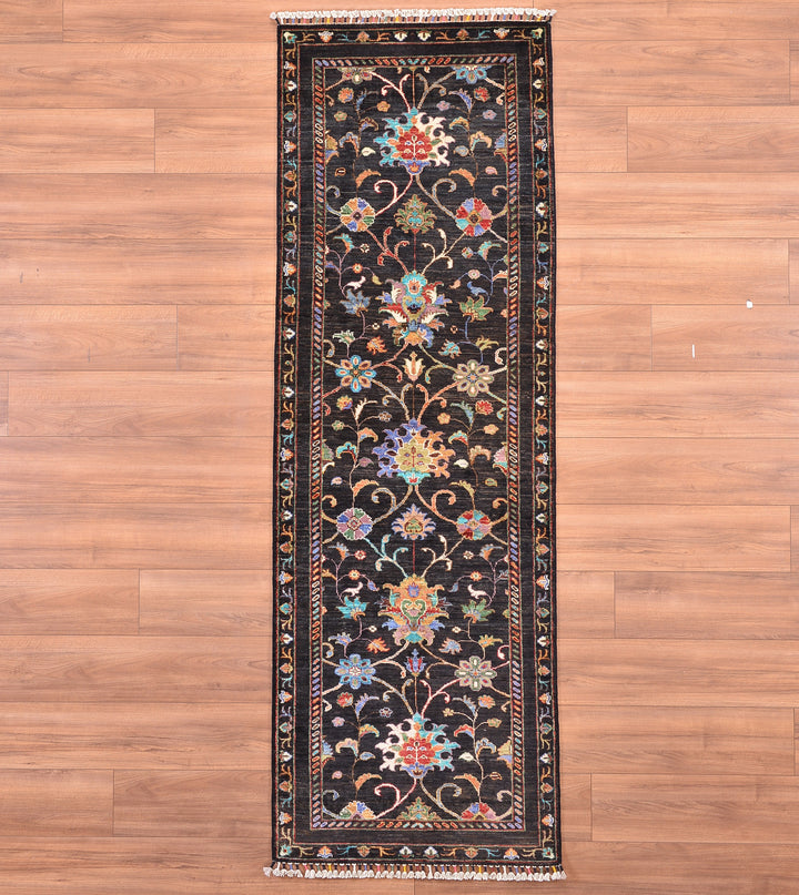 Sultani Binbirgece Runner Original Hand Woven Black Vegetable Dyed Wool Carpet 0.81x244 1.98 Square Meters - 2x8 ft