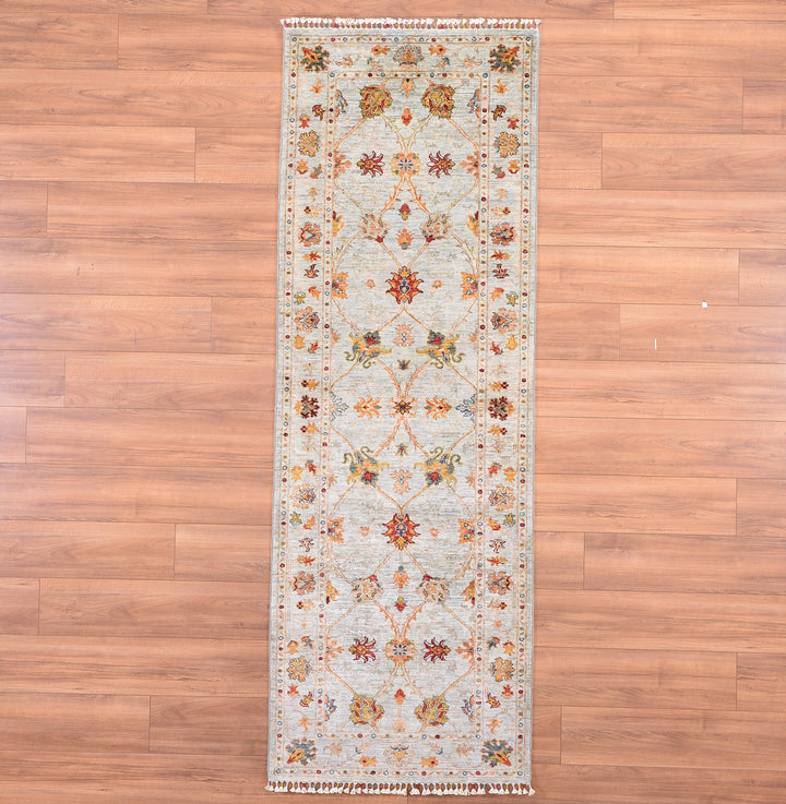 Sultani Binbirgece Runner Original Hand Woven Green Vegetable Dyed Wool Carpet 0.86x254 2.18 Square Meters - 2x8 ft