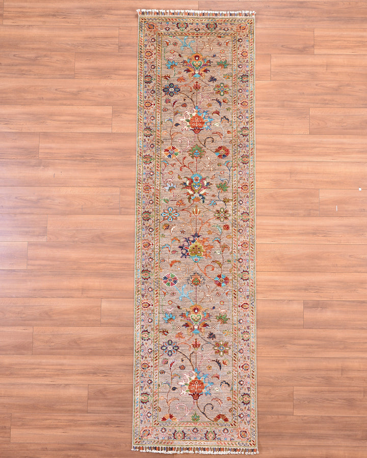 Sultani Floral Runner Original Hand Woven Beige Vegetable Dyed Wool Carpet 0.83x299 Square Meters - 2x10 ft