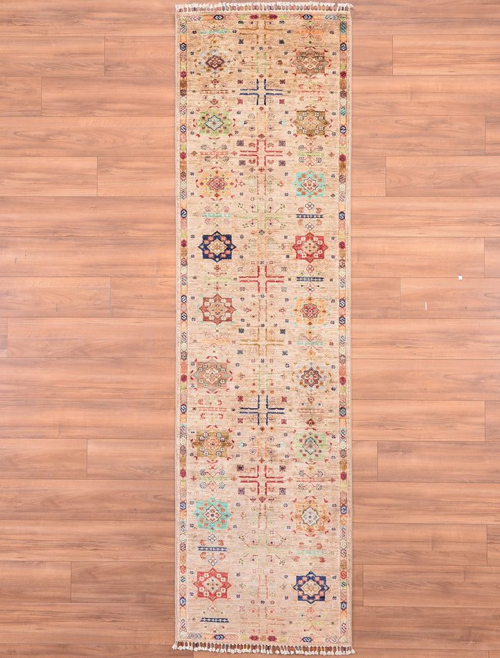 Veziri Bilcik Original Hand Woven Runner Beige Vegetable Dyed Wool Carpet 0.82x300 2.46 Square Meters - 2x10 ft