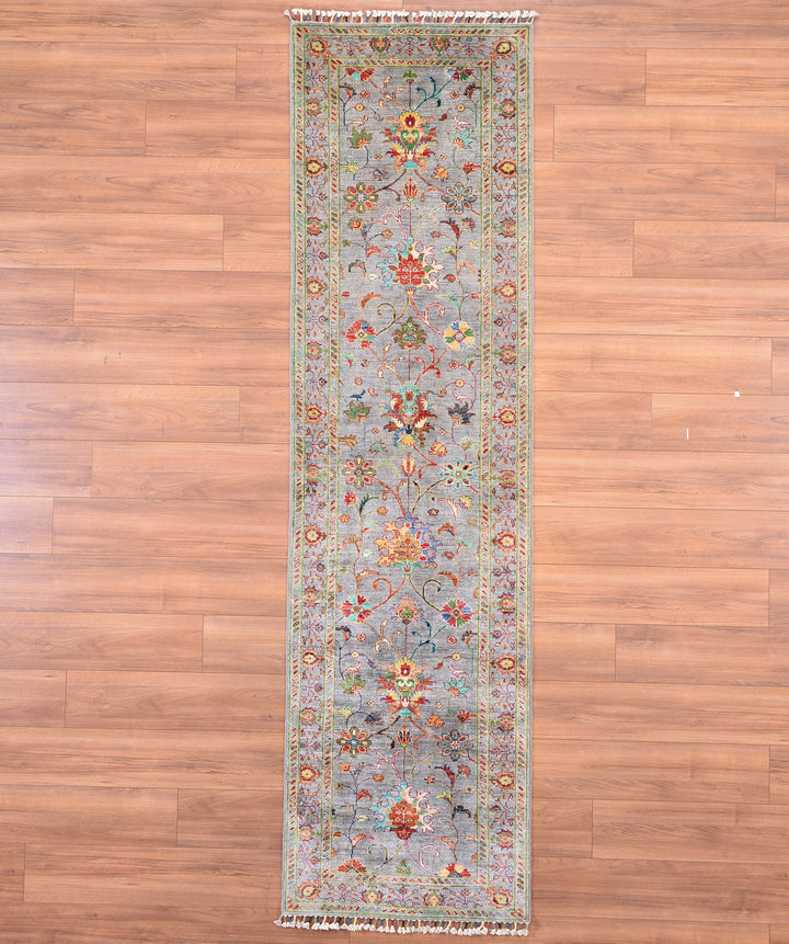 Sultani Floral Long Runner Original Hand Woven Gray Vegetable Dyed Wool Carpet 0.78x306 Square Meters - 2x10 ft