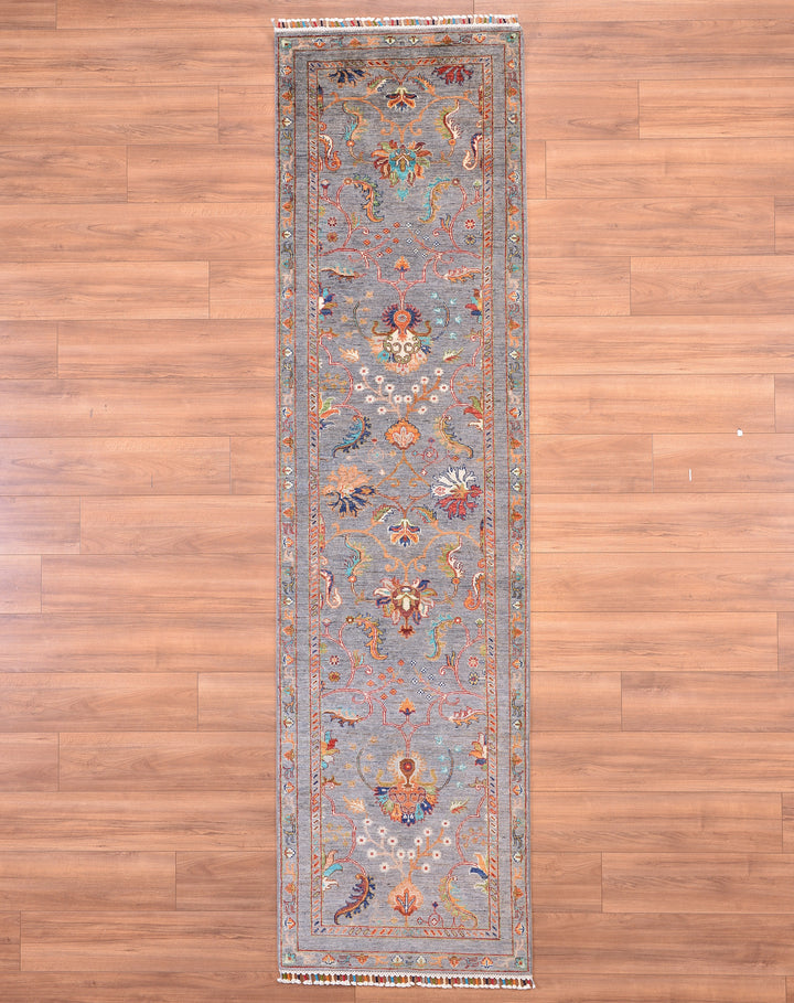 Sultani Floral Long Runner Original Hand Woven Gray Vegetable Dyed Wool Carpet 0.82x308 2.53 Square Meters - 2x10 ft