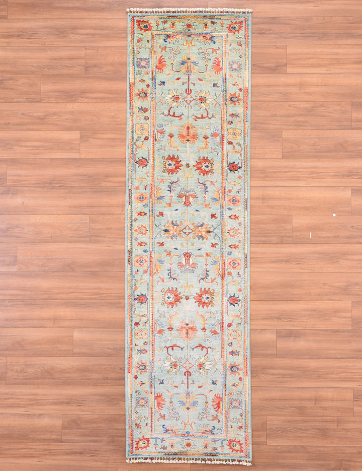 Sultani Floral Long Runner Original Hand Woven Turquoise Vegetable Dyed Wool Carpet 0.84x302 2.54 Square Meters - 2x10 ft