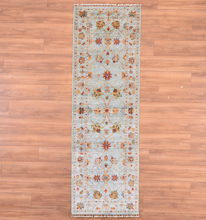 Sultani Binbirgece Runner Original Hand Woven Turquoise Vegetable Dyed Wool Carpet 0.84x257 2.16 Square Meters - 2x8 ft