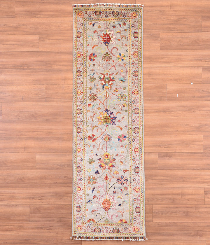 Sultani Floral Runner Original Hand Woven Gray Vegetable Dyed Wool Carpet 0.79x259 2.05 Square Meters - 2x8 ft