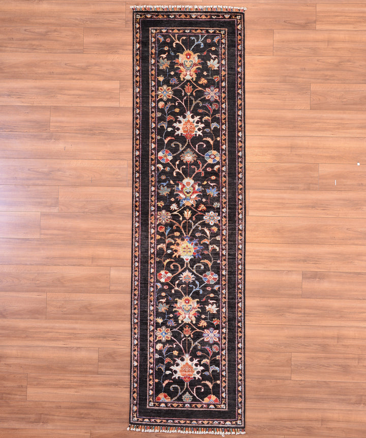 Sultani Floral Runner Original Hand Woven Black Vegetable Dyed Wool Carpet 0.81x298 2.41 Square Meters - 2x9 ft