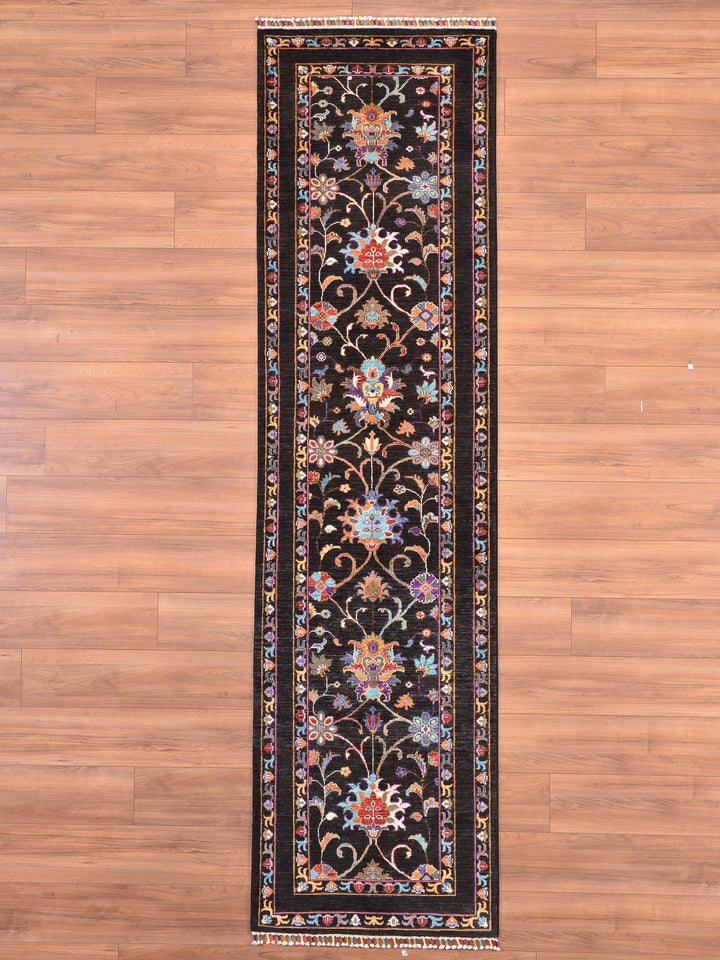 Sultani Floral Runner Original Hand Woven Black Vegetable Dyed Wool Carpet 0.81x302 2.45 Square Meters - 2x10 ft