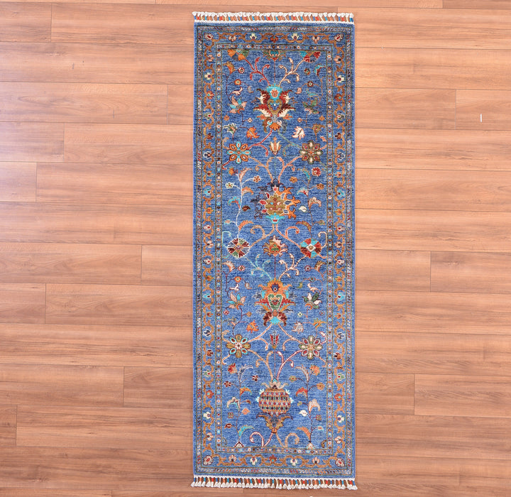 سجادة صوفية أصلية منسوجة يدويًا من Sultani Floral Runner باللون الأزرق مقاس 0.77 × 216 متر مربع - 2 × 7 قدم 