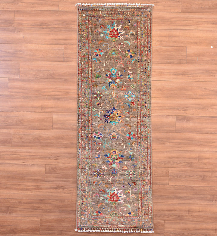 Sultani Floral Runner Original Hand Woven Brown Vegetable Dyed Wool Carpet 0.83x248 2.06 Square Meters - 2x8 ft