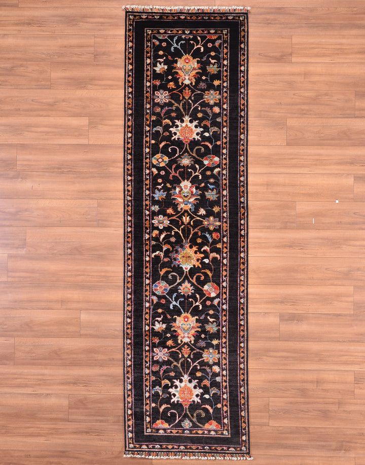 Sultani Floral Runner Original Hand Woven Black Vegetable Dyed Wool Carpet 0.86x305 2.62 Square Meters - 2x10 ft