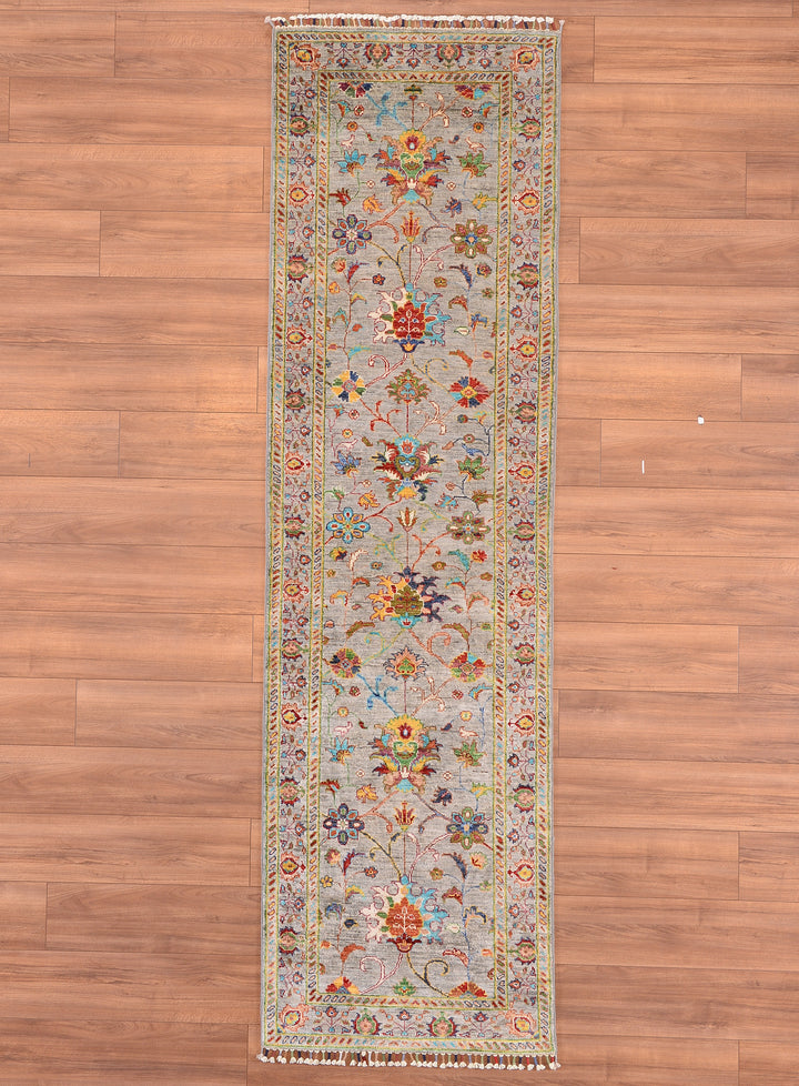 Sultani Floral Runner Original Hand Woven Gray Vegetable Dyed Wool Carpet 0.82x291 2.39 Square Meters - 2x10 ft