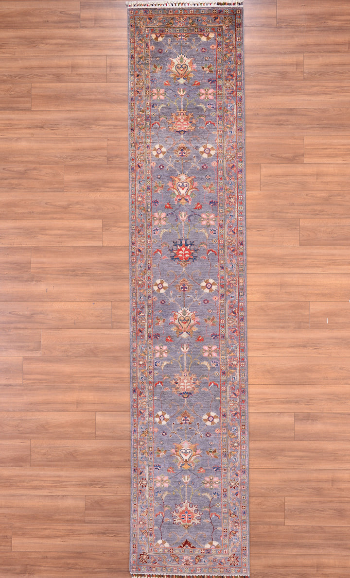 Sultani Floral Long Runner Original Hand Woven Gray Vegetable Dyed Wool Carpet 0.82x395 3.24 Square Meters - 2x13 ft