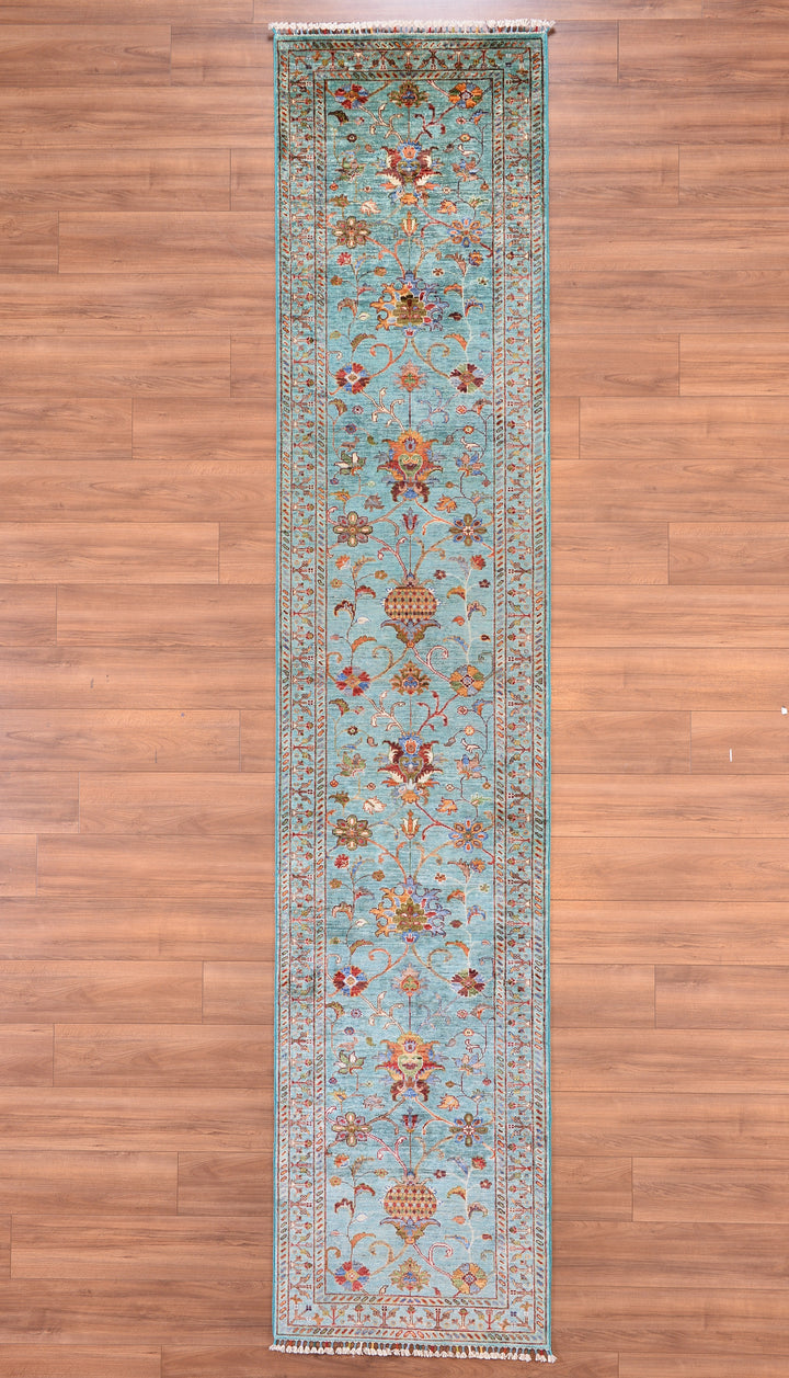 Sultani Floral Long Runner Original Hand Woven Turquoise Vegetable Dyed Wool Carpet 0.83x400 3.32 Square Meters - 2x13 ft