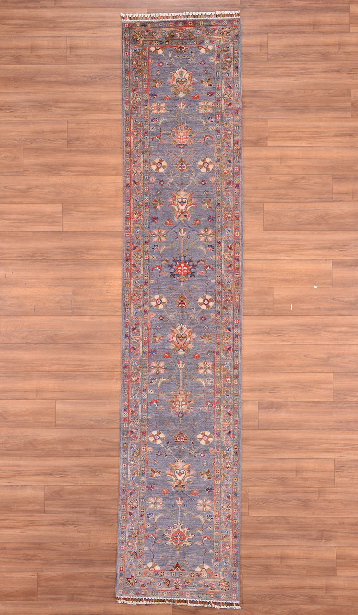 Sultani Floral Long Runner Original Hand Woven Gray Vegetable Dyed Wool Carpet 0.82x394 3.23 Square Meters - 2x13 ft