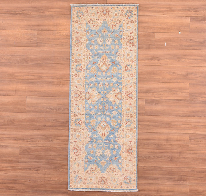 Uşak Original Hand Woven Runner Blue Cream Vegetable Dyed Wool Carpet 0.78x214 1.67 Square Meters - 2x7 ft