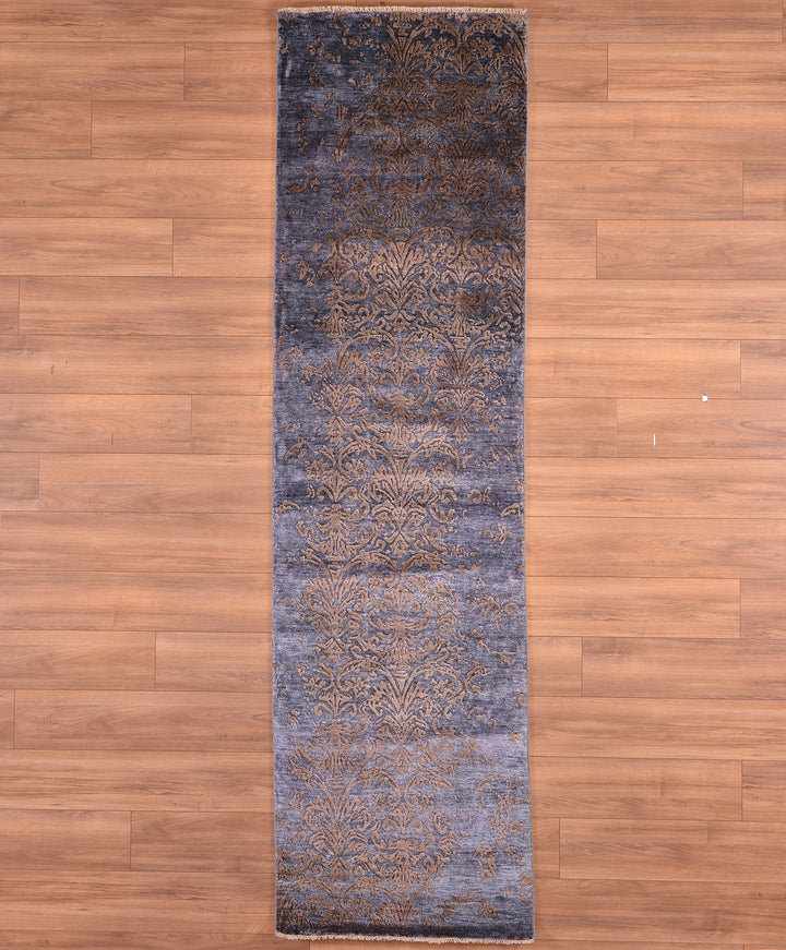 Fendi Original Hand Woven Runner Anthracite Blue Wool Bamboo Carpet 0.83x302 2.51 Square Meters - 2x10 ft