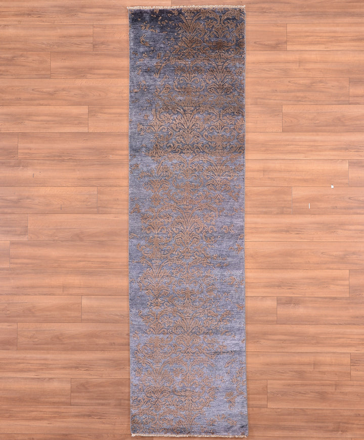 Fendi Original Hand Woven Runner Anthracite Blue Wool Bamboo Carpet 0.82x301 2.47 Square Meters - 2x10 ft