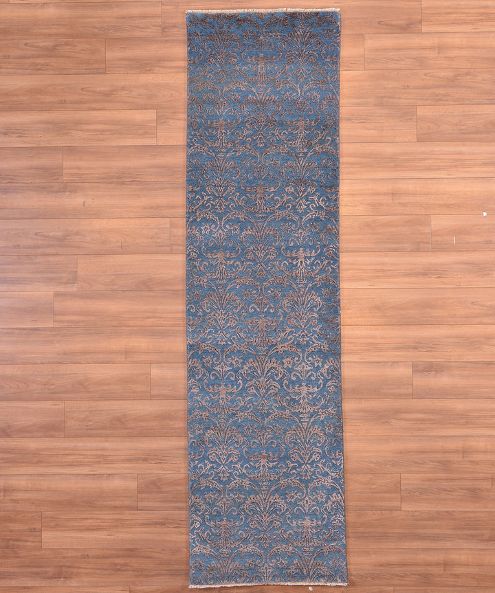 Fendi Original Hand Woven Runner Anthracite Blue Wool Bamboo Carpet 0.82x300 2.46 Square Meters - 2x10 ft