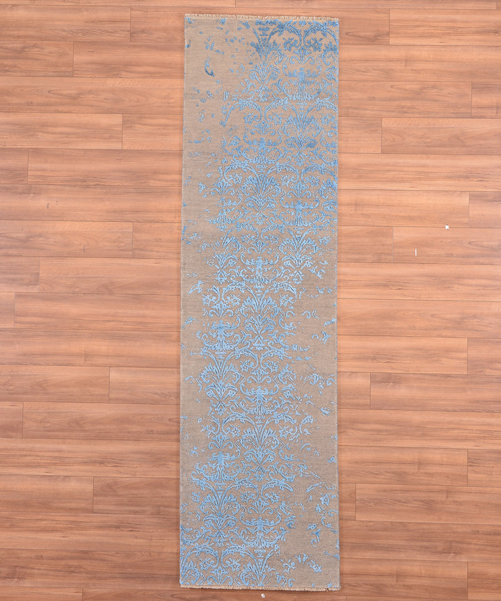 Fendi Original Hand Woven Runner Turquoise Gray Wool Bamboo Carpet 0.84x299 2.51 Square Meters - 2x10 ft