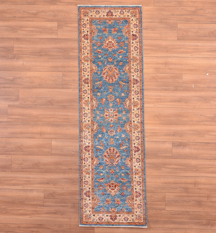 Uşak Original Hand Woven Runner Blue Beige Vegetable Dyed Wool Carpet 0.74x251 1.86 Square Meters - 2x8 ft