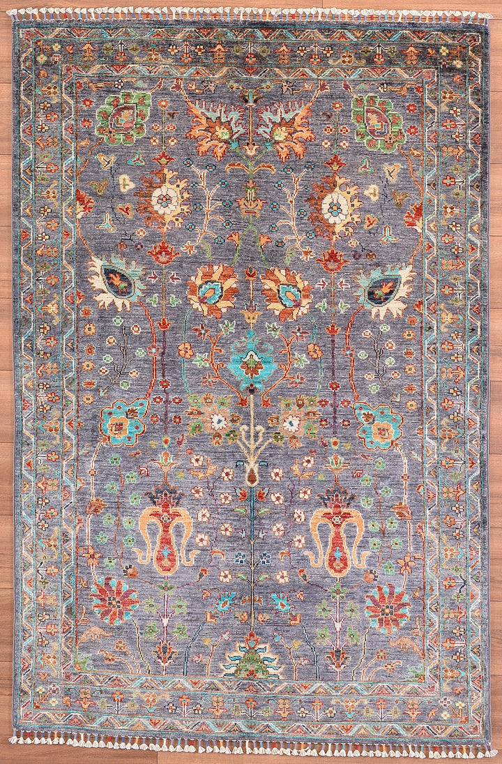 Sultani Floral Original Hand Woven Gray Vegetable Dyed Wool Carpet 127x190 2.41 Square Meters - 4x6 ft