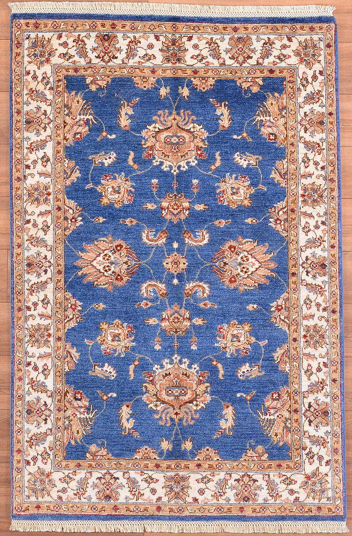 Uşak Original Hand Woven Cream Blue Vegetable Dyed Wool Carpet 122x185 2.26 Square Meters - 4x6 ft