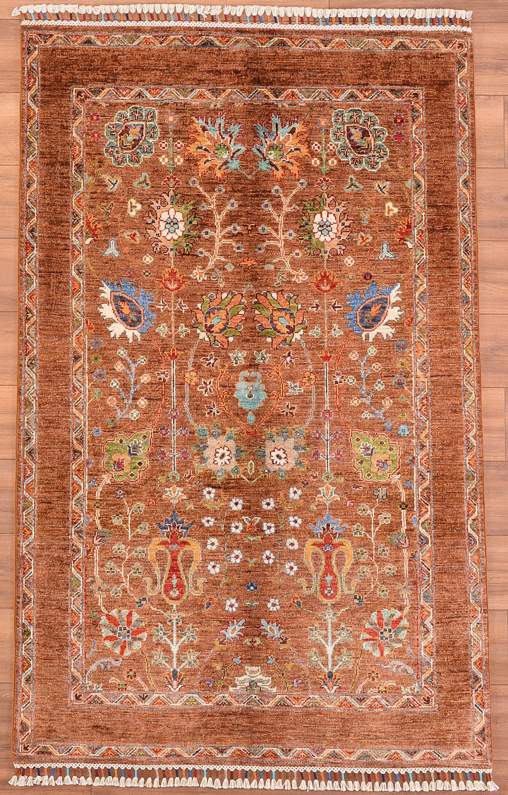 Sultani Çiçekli Orjinal El Dokuması Kahverengi Kök Boya Yün Halı 121x192 2.32 Metrekare - 4x6 ft