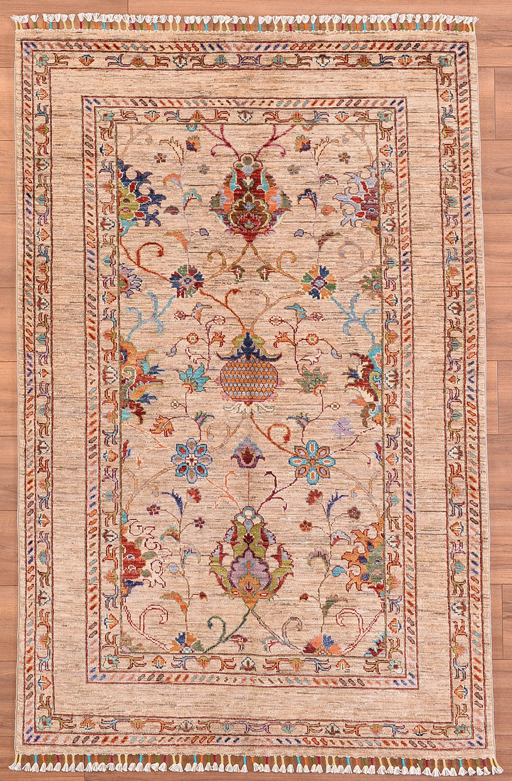 Sultani Binbirgece Orjinal El Dokuması Bej Kök Boya Yün Halı 123x188 2.31 Metrekare - 4x6 ft