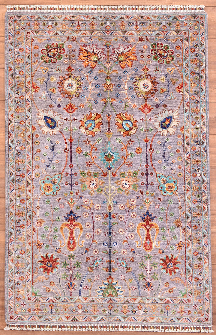 Sultani Floral Original Hand Woven Gray Vegetable Dyed Wool Carpet 122x186 2.27 Square Meters - 4x6 ft