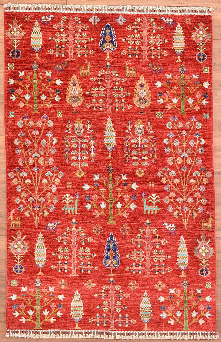 Sultani Tree Pattern Original Hand Woven Red Vegetable Dyed Wool Carpet 122x184 2.24 Square Meters - 4x6 ft