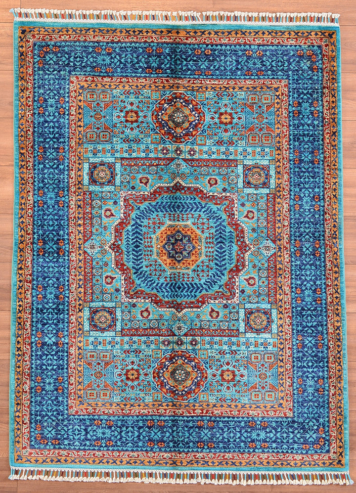 Mamluk Original Hand Woven Turquoise Vegetable Dyed Wool Carpet 132x177 2.34 Square Meters - 4x6 ft