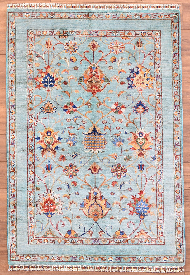 Sultani Binbirgece Original Hand Woven Turquoise Vegetable Dyed Wool Carpet 127x184 2.34 Square Meters - 4x6 ft