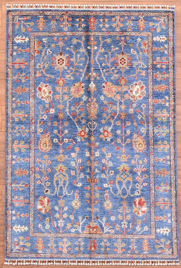 Sultani Çiçekli Orjinal El Dokuması Mavi Kök Boya Yün Halı 127x182 2.31 Metrekare - 4x6 ft