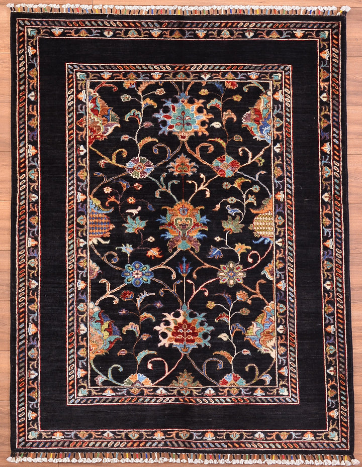 Sultani Binbirgece Orjinal El Dokuması Siyah Kök Boya Yün Halı 131x170 2.23 Metrekare - 4x6 ft