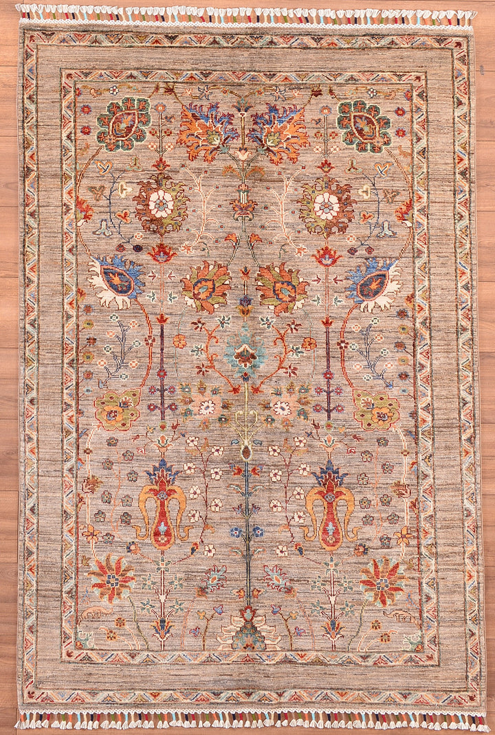 Sultani Çiçekli Orjinal El Dokuması Bej Kök Boya Yün Halı 130x180 2.34 Metrekare - 4x6 ft