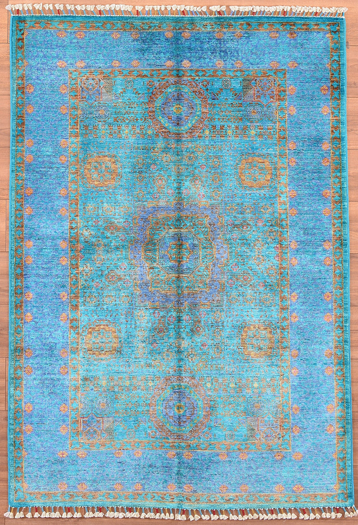 Mamluk Original Hand Woven Turquoise Vegetable Dyed Wool Carpet 125x181 2.26 Square Meters - 4x6 ft