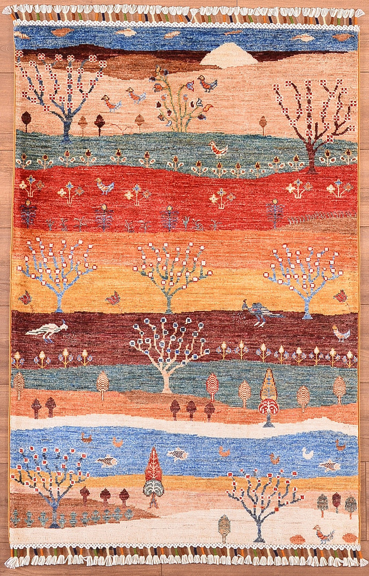 Sultani Tree Pattern Original Hand Woven Multi Vegetable Dyed Wool Carpet 0.87x128 1.11 Square Meters - 3x4 ft