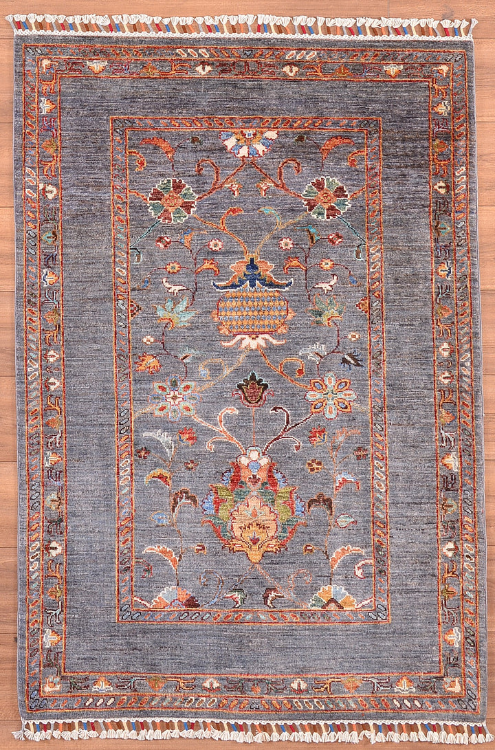 Sultani Çiçekli Orjinal El Dokuması Antrasit Kök Boya Yün Halı 106x155 1.64 Metrekare - 3x5 ft