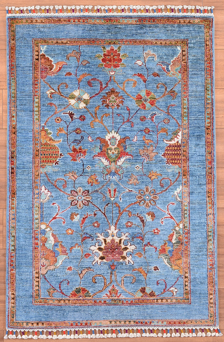 Sultani Floral Original Hand Woven Blue Vegetable Dyed Wool Carpet 102x151 1.54 Square Meters - 3x5 ft