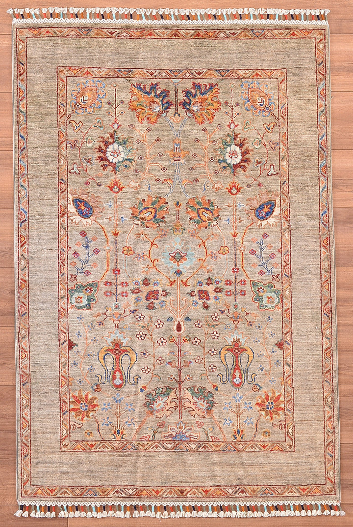 Sultani Floral Original Hand Woven Beige Vegetable Dyed Wool Carpet 105x157 1.65 Square Meters - 3x5 ft