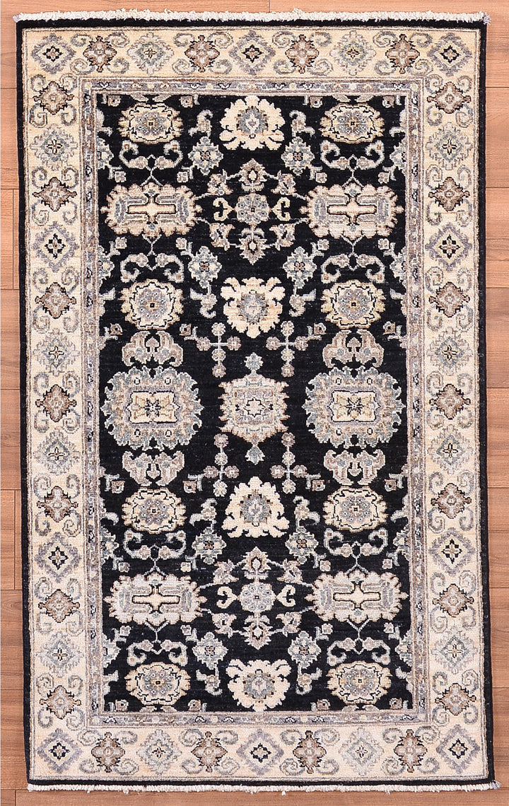 Uşak Original Hand Woven Beige Black Vegetable Dyed Wool Carpet 0.88x147 1.29 Square Meters - 3x5 ft