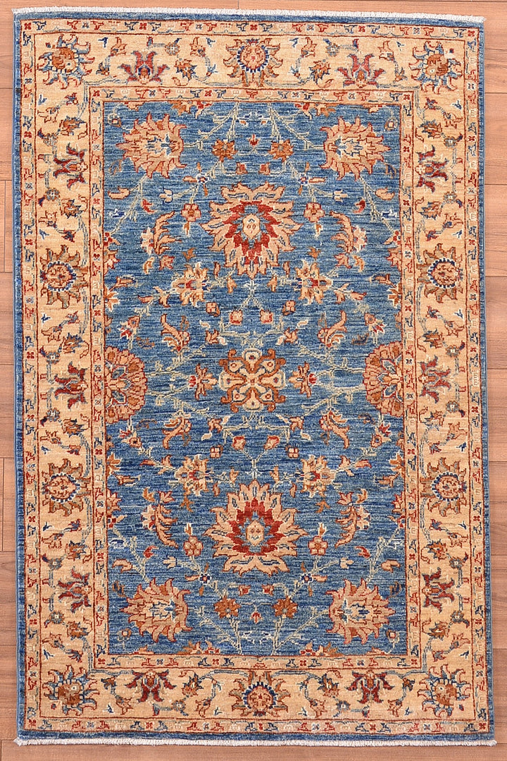 Uşak Original Hand Woven Cream Blue Vegetable Dyed Wool Carpet 0.99x149 1.48 Square Meters - 3x5 ft