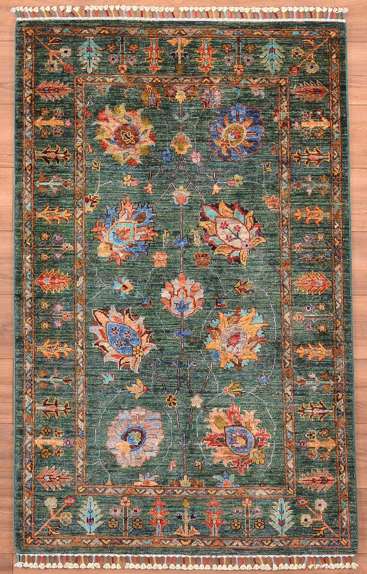 Sultani Floral Original Hand Woven Green Vegetable Dyed Wool Carpet 102x160 1.63 Square Meters - 3x5 ft